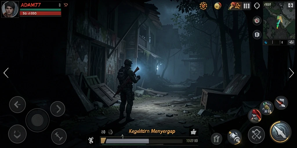 Screenshot utama ADAM77 menampilkan gameplay seram dengan makhluk menakutkan.