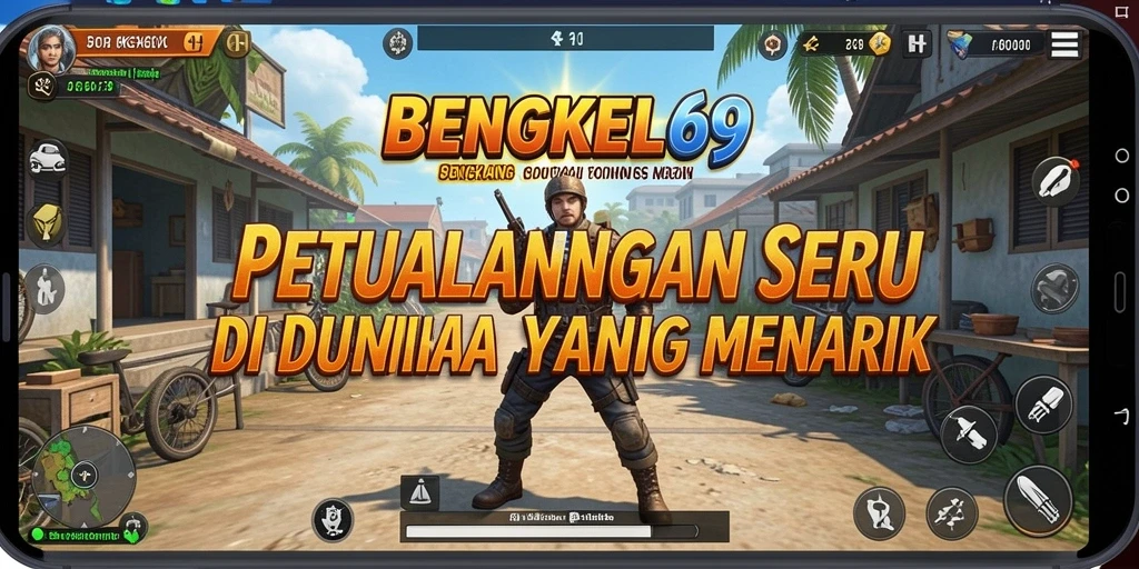 Screenshot gameplay BENGKEL69 dengan petualangan mendebarkan di latar belakang.