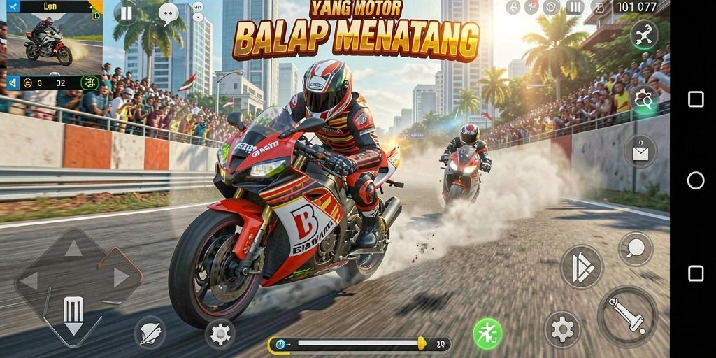 Screenshot utama menampilkan aksi balap motor yang intens dalam game C0077.