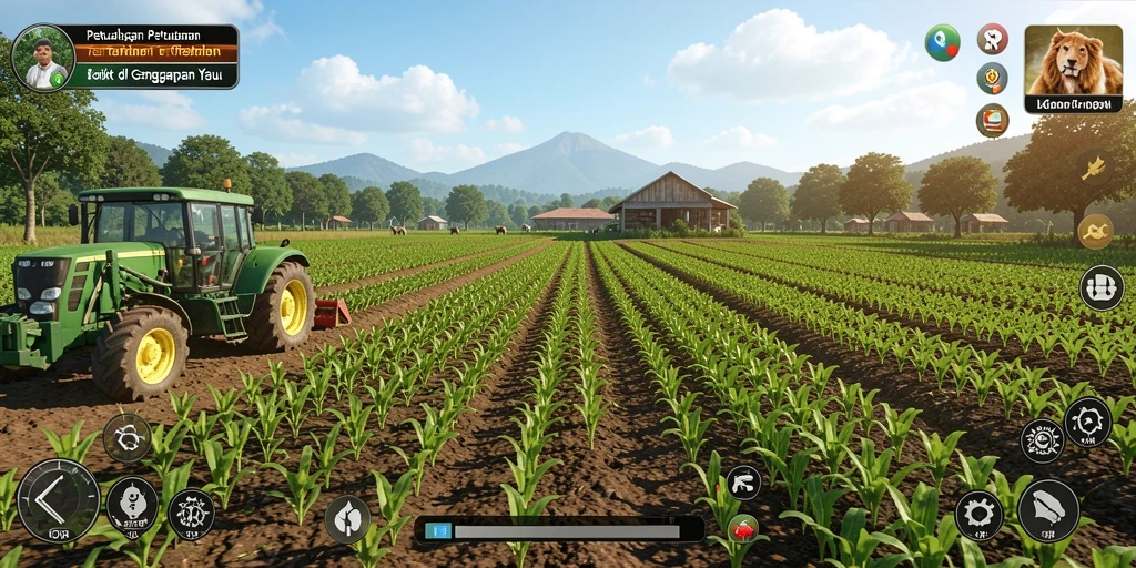 Tampilan gameplay LKOPEN yang menarik dengan kebun yang subur dan hewan peliharaan.